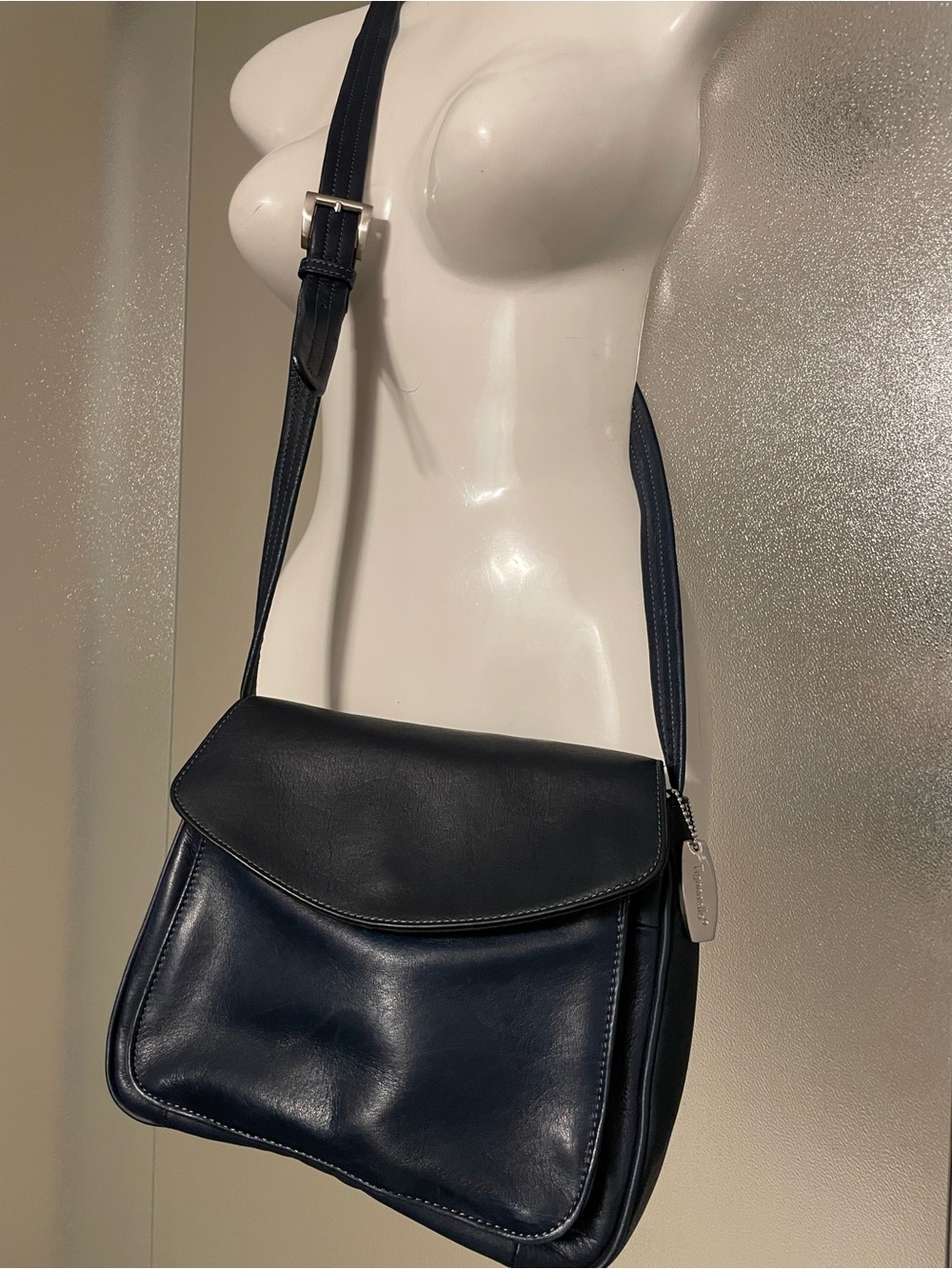 Tignanello Navy Leather Crossbody with Brushed Silver Tag